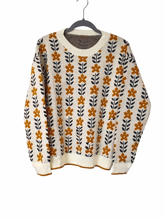 OXKnit Sweaters - Cozy Floral Pattern Knit Sweater | Cream & Mustard | Women’s Casual Pullover-L